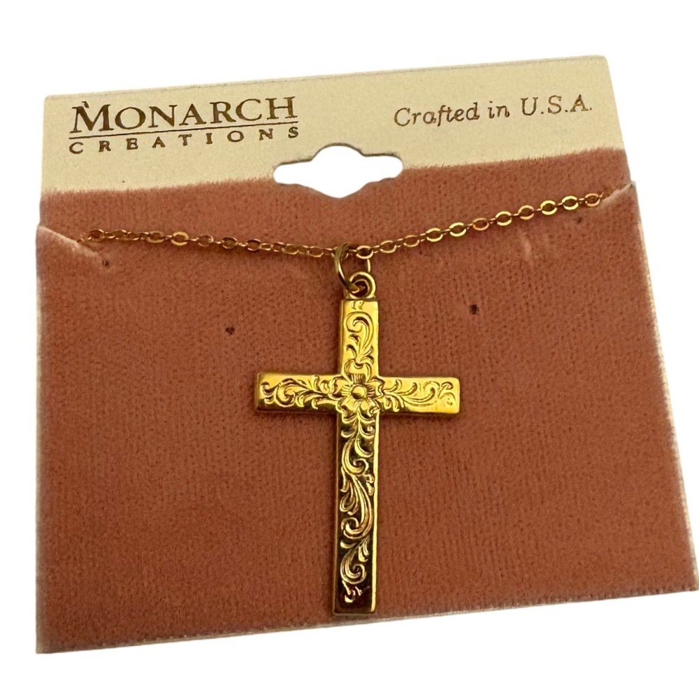 Monarch Creations Gold Tone Cross‎ 17" Necklace Crafted in USA Religious Jewelry
